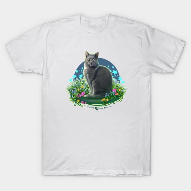 Gray Cat in the Flower Garden T-Shirt by Sylvanmistart